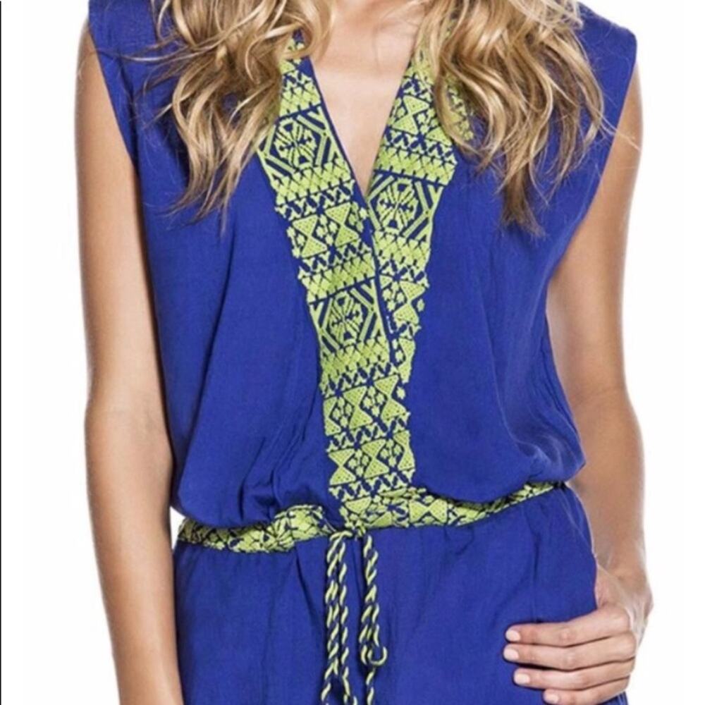 OndadeMar embroidered playsuit, blue romper with green embroidery